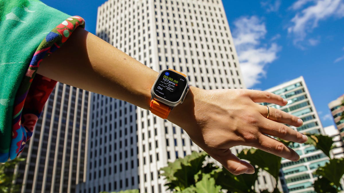 Apple Watch Ultra amid skyscrapers in downtown SF